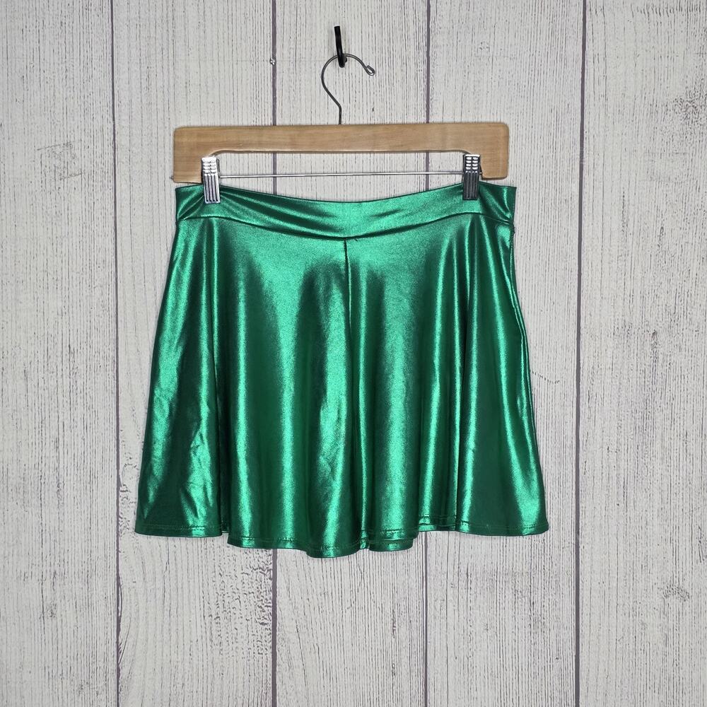 Y2K Metallic Green Skater Skirt Rave Festival Club Kid Mini, Sz Large